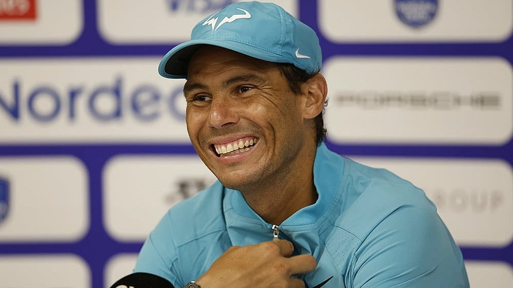 | Photo: Adam Ihse/TT News Agency via AP : Rafael Nadal of Spain speaks after his men's singles match